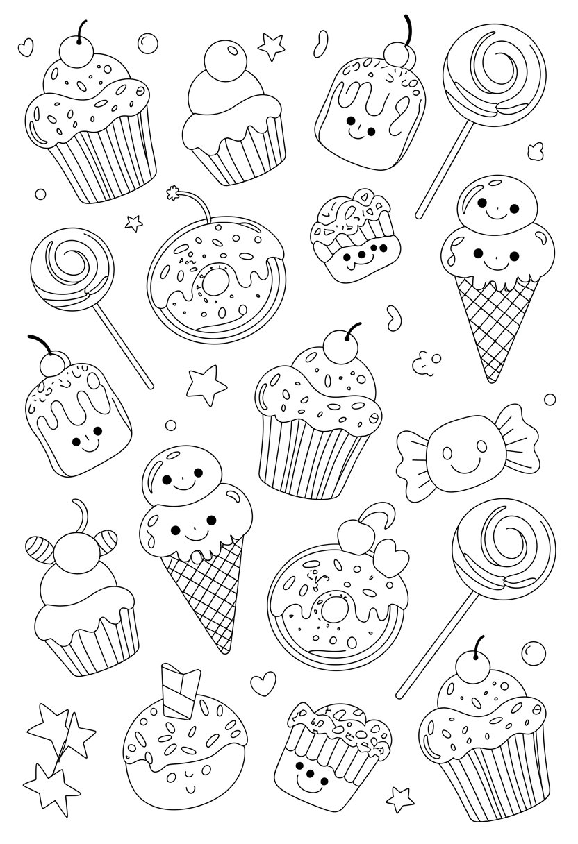 Coloring Pages Cute Ideas for Kids: 21 Engaging Designs to Inspire Creativity 30 An assortment of cute desserts including cupcakes, ice cream cones, donuts, candy, and lollipops arranged playfully with small decorative shapes around them.